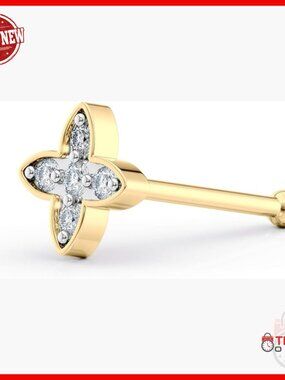 14K Yellow Gold Lab Diamond Nose Stud 18G Straight Bone Flower Design